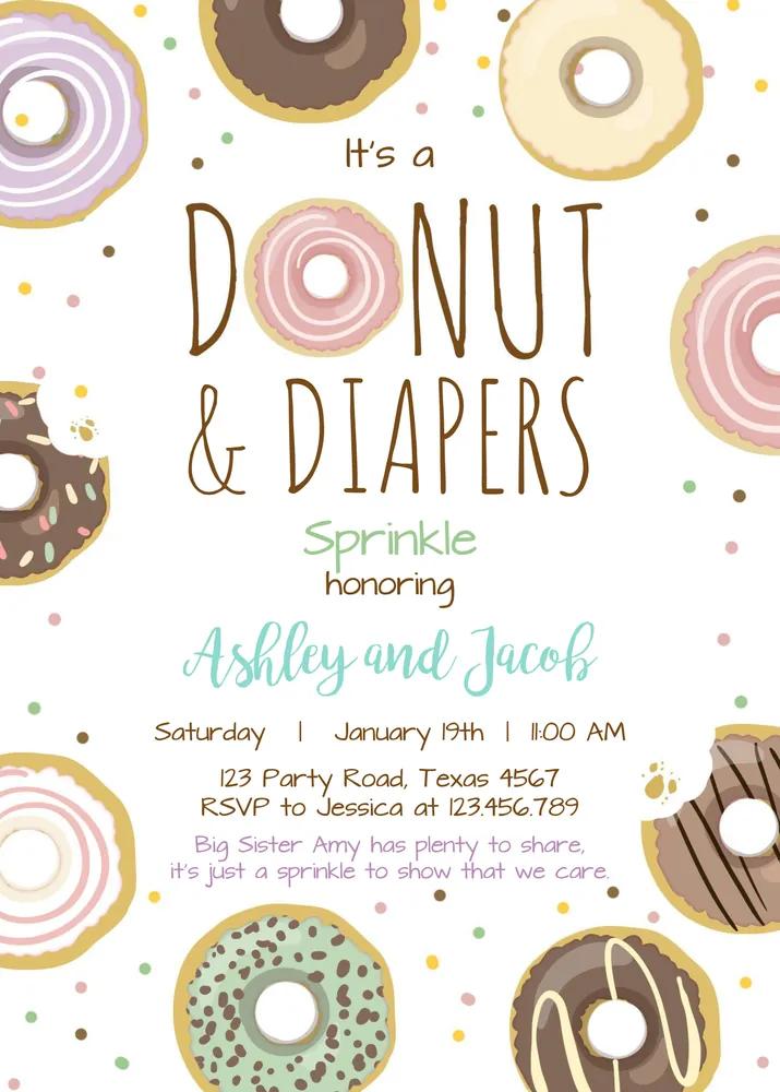 Donut and Diapers Sprinkle Invitation | Canva Editable Pastel Baby Shower Template
