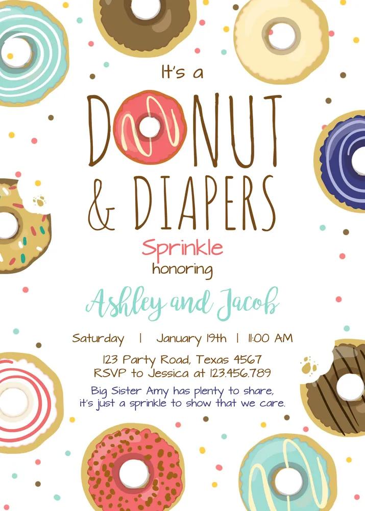 Donuts and Diapers Sprinkle Invitation, Boy Coed Baby Shower Canva Template