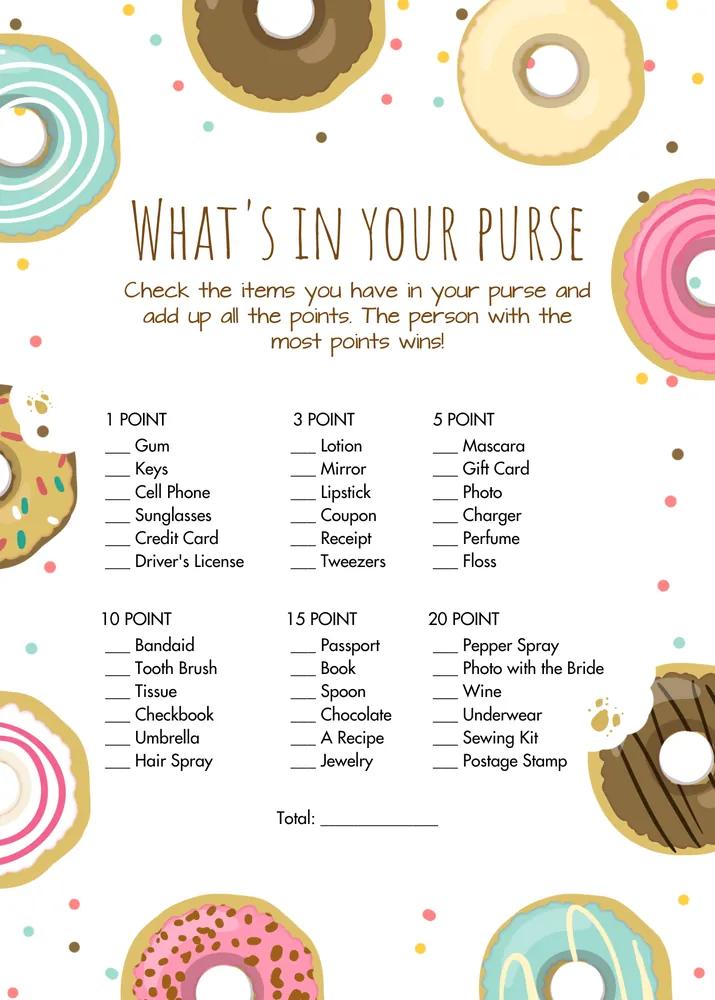 Donut Whats in Your Purse Bridal Shower Game Canva Template
