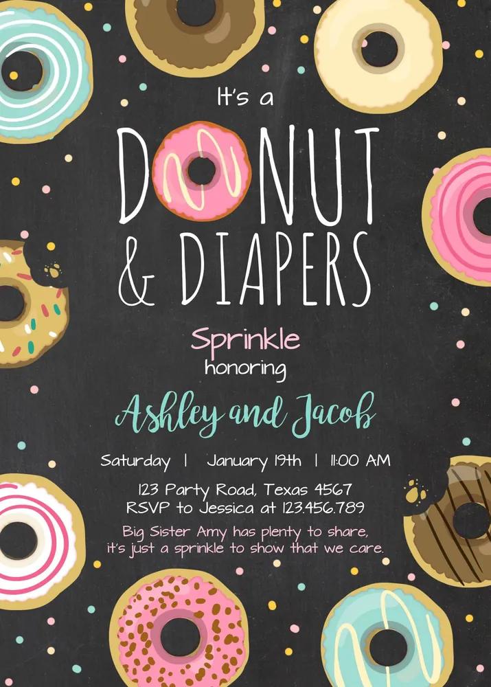 Donut and Diapers Sprinkle Invitation Canva Template Pink Girl Baby Shower