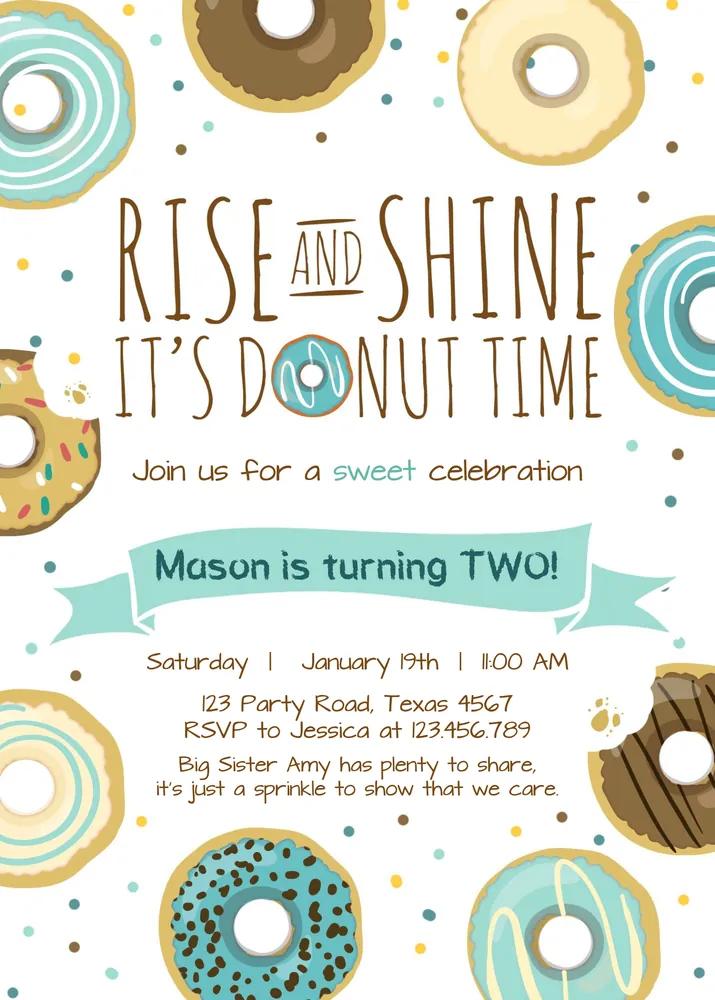 Rise and Shine Donut Birthday Invitation | Blue Boy Donut Party Canva Template