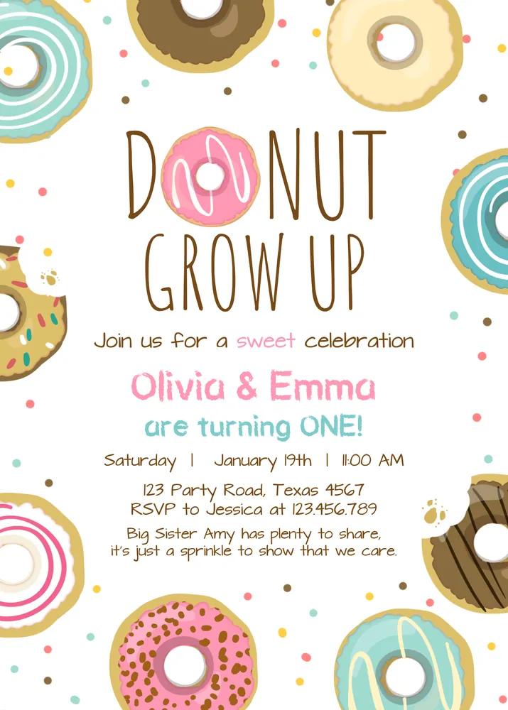 Donut Grow Up Twin Girls First Birthday Invitation Canva Template