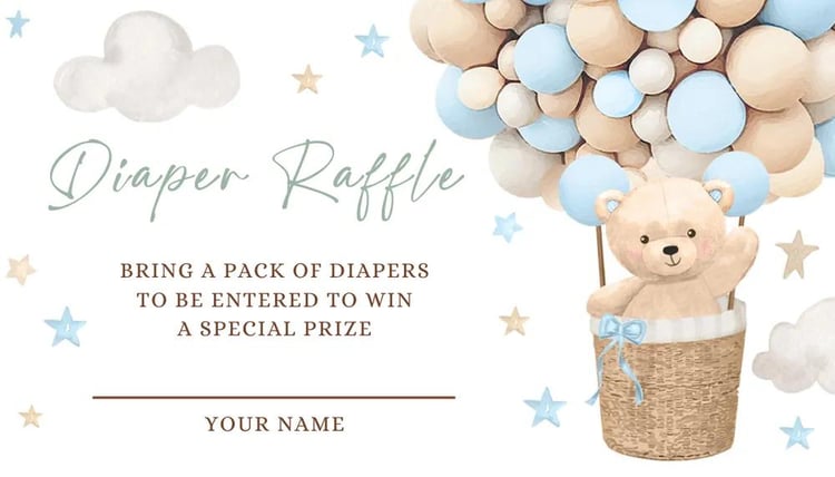 Blue Teddy Bear Hot Air Balloon Diaper Raffle Card Canva Template