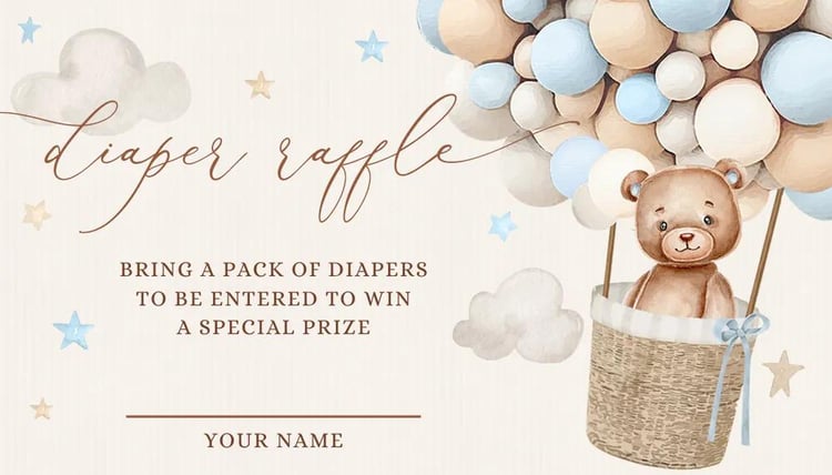 Blue Teddy Bear Hot Air Balloon Diaper Raffle Ticket Canva Template