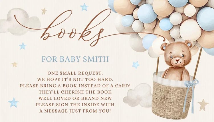 Blue Teddy Bear Hot Air Balloon Baby Shower Book Request Ticket Canva Template