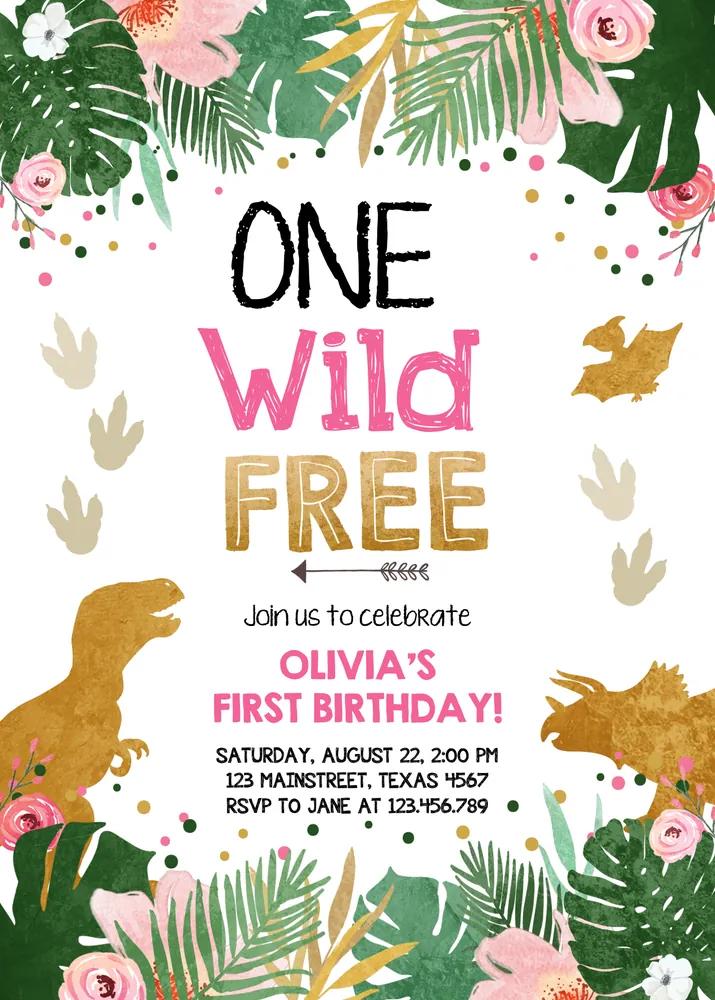One Wild and Free Dinosaur Girl Birthday Invitation Canva Template