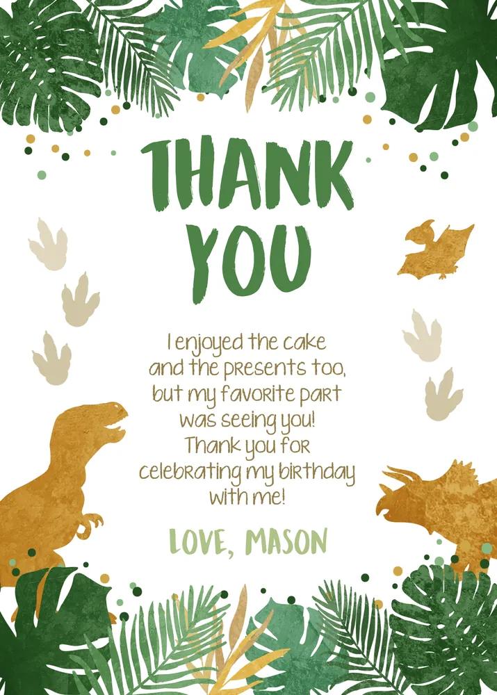Dinosaur Birthday Thank You Card Template - Green & Gold T-Rex Photo Invite
