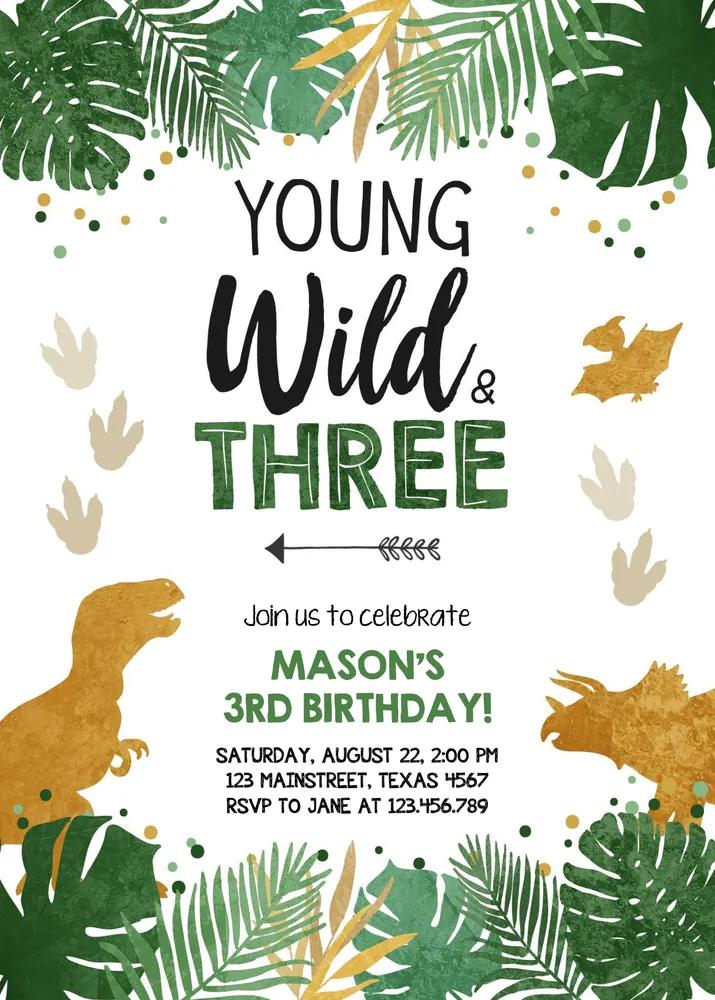 Young Wild and Three Dinosaur Birthday Invitation Canva Template 3rd Birthday