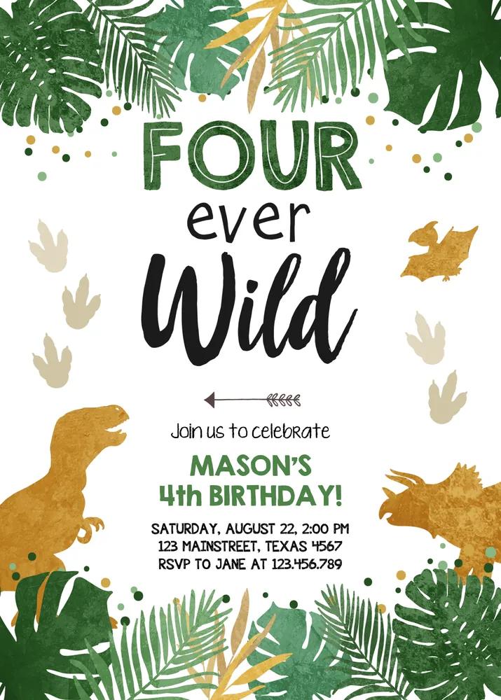 Four Ever Wild 4th Birthday Invitation, Dino Dinosaur Canva Template