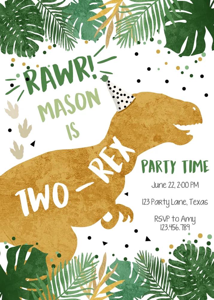 Two-Rex Dinosaur 2nd Birthday Invitation Canva Template - Green & Gold Dino Boy