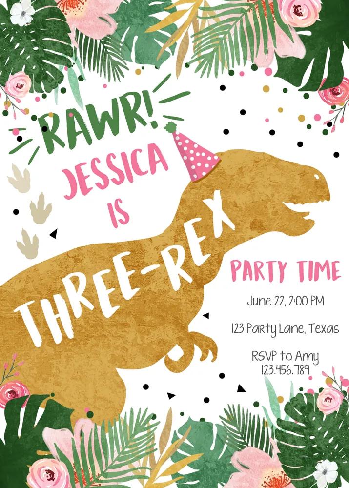 Pink Gold Three-Rex Birthday Invitation | Girl 3rd Dino Canva Template