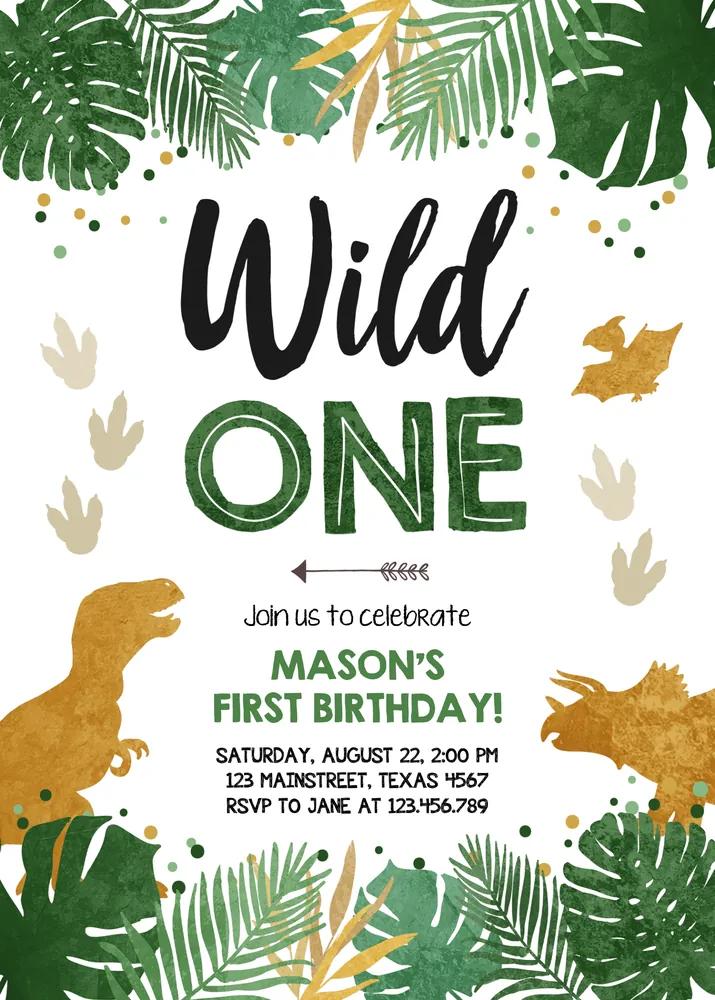 Wild One Dinosaur Birthday Invitation | 1st Birthday Canva Template