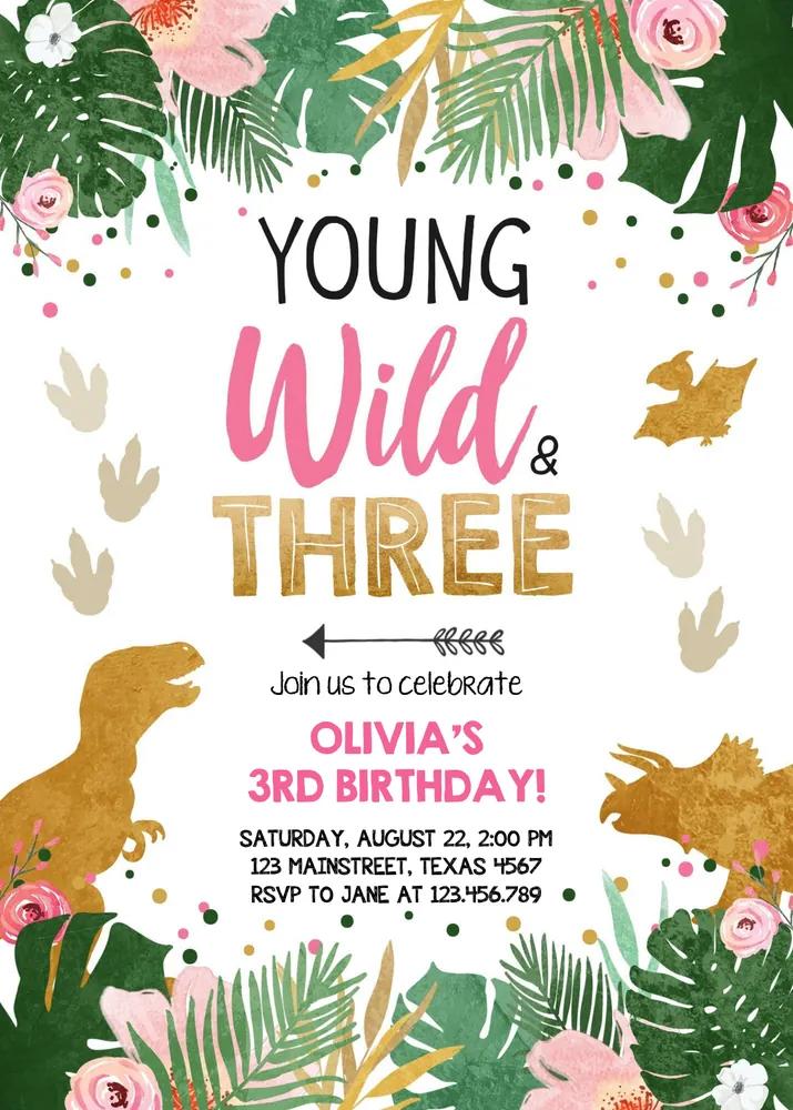 Young Wild and Three Dinosaur Birthday Invitation Canva Template Girl 3rd Party