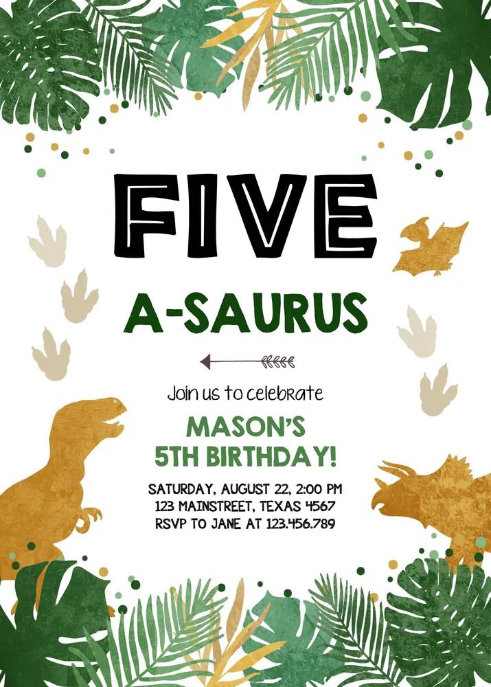 Five-A-Saurus Dinosaur Birthday Invitation Canva Template - Any Age Boy Dino