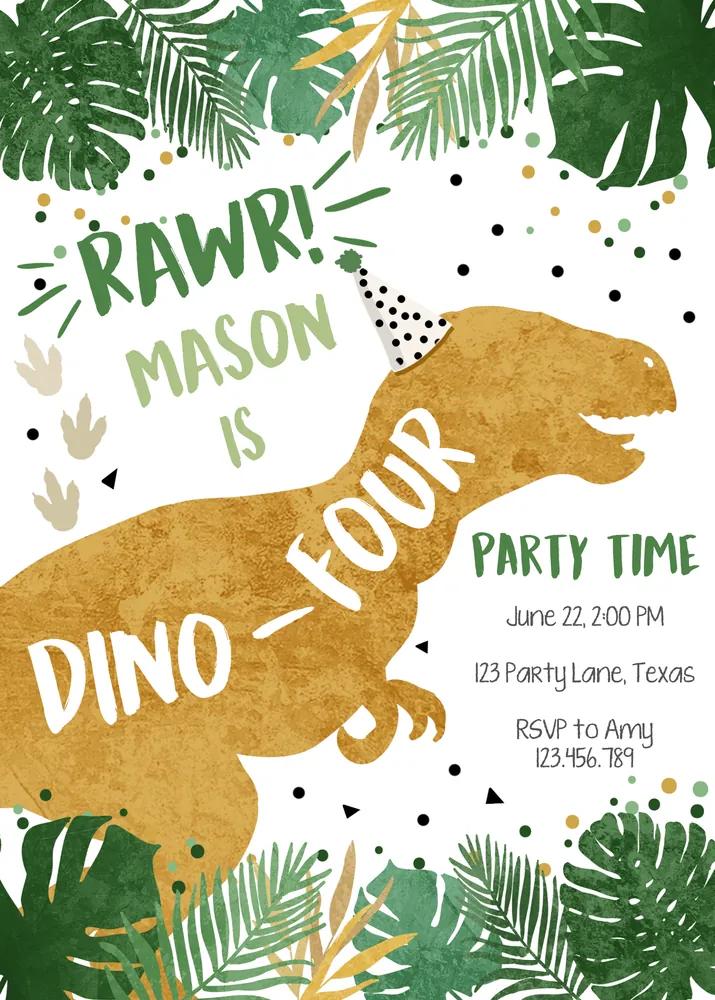 Dino-Four Dinosaur 4th Birthday Invitation | Editable Canva Template RAWR