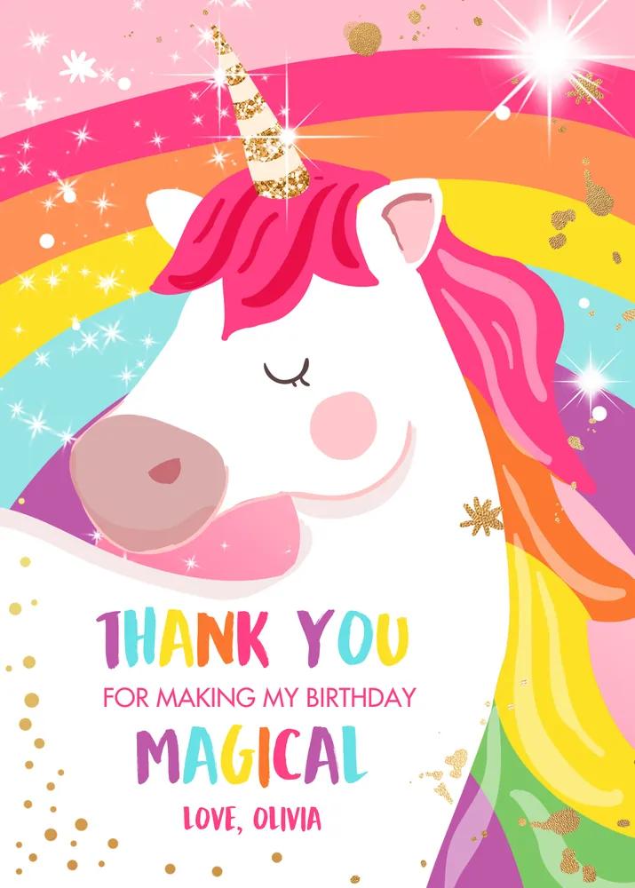 Unicorn Thank You Card Template, Magical Rainbow Birthday Party Note, Editable