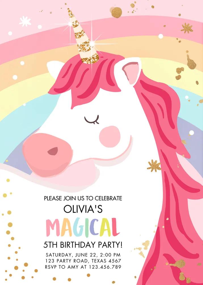 Unicorn Birthday Invitation Template | Editable Pink Gold Magical Party Invite