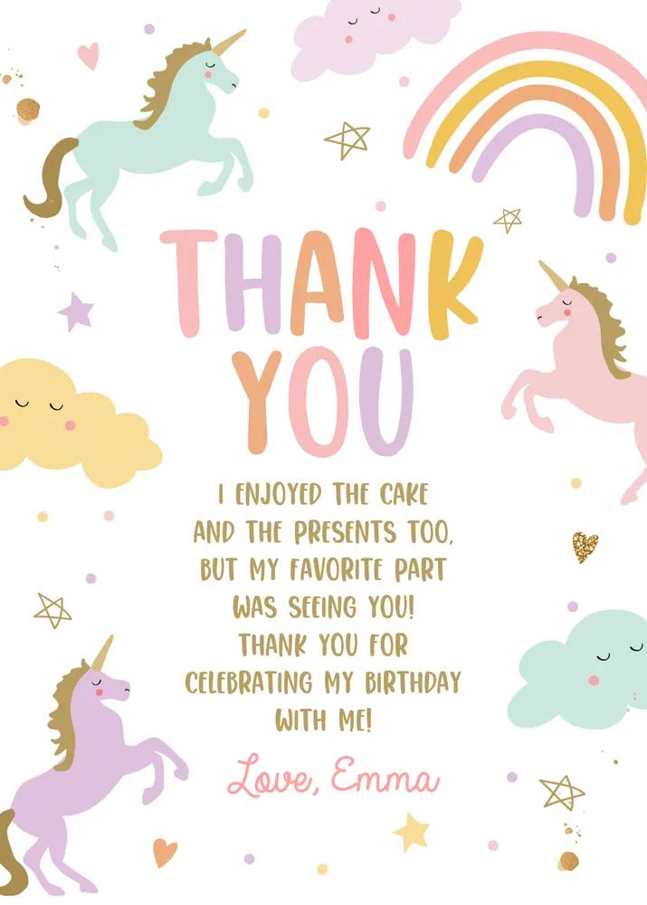 Unicorn Thank You Card Template Pink Rainbow Magical Birthday Girl Canva
