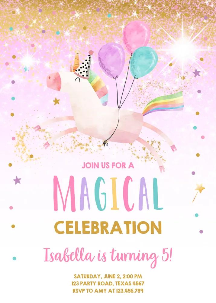 Unicorn Birthday Invitation Template | Editable Girl Magical Pink Gold Invite