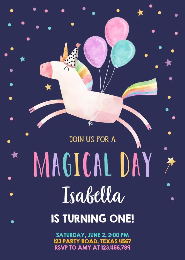 Unicorn Birthday Invitation Template | Magical Girl Pink 1st Birthday Canva