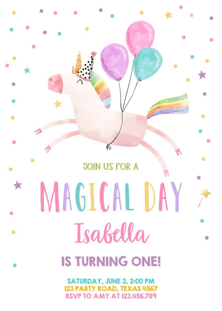 Unicorn Birthday Invitation | Editable Canva Template Pink Magical Girl 1st Party