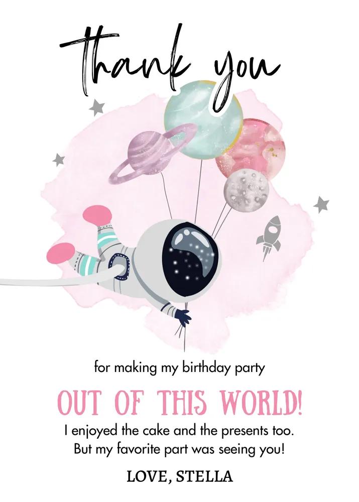 Girl Space Astronaut Birthday Thank You Card - Editable Canva Template