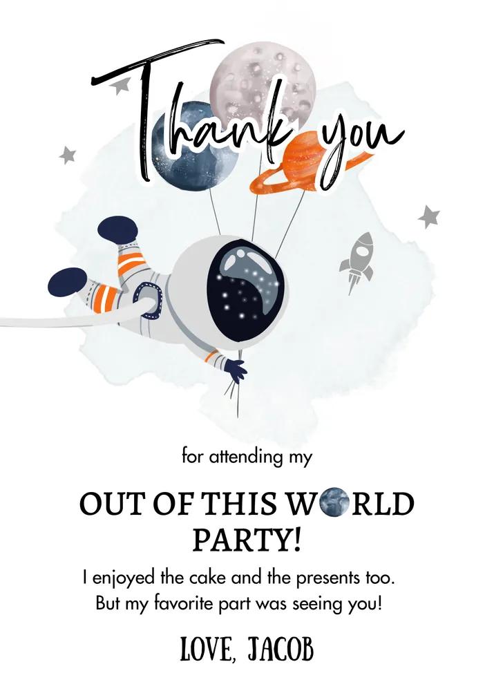 Astronaut Space Birthday Thank You Card Editable Canva Template Boy