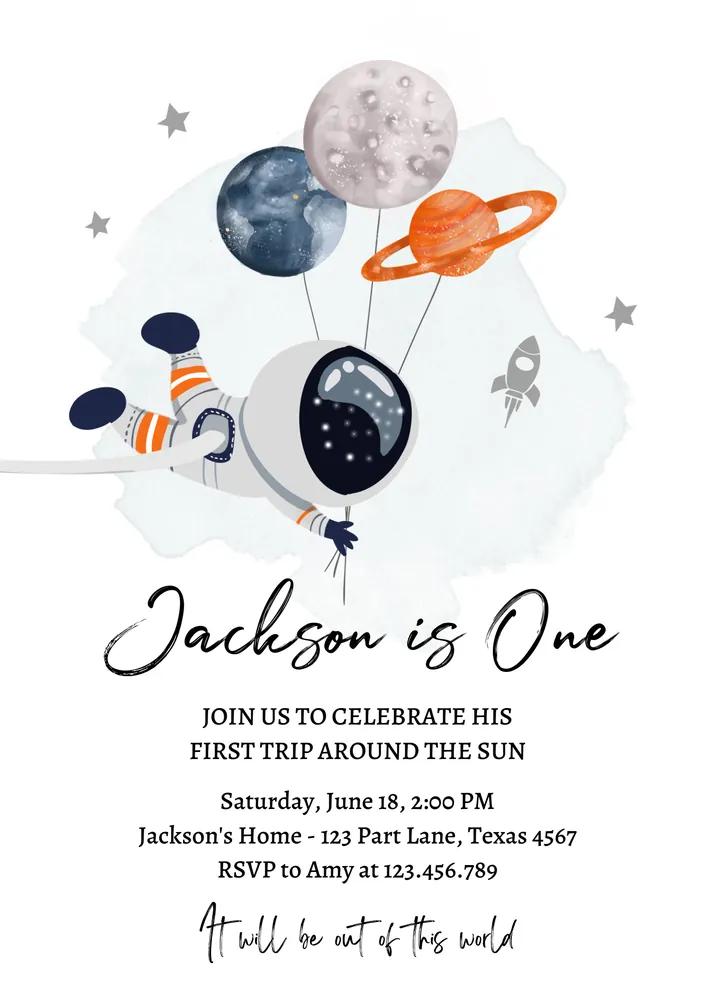 Outer Space Birthday Invitation Orange Astronaut Trip Around the Sun Canva