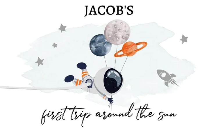 First Trip Around the Sun Space Birthday Backdrop Orange Galaxy Canva Template