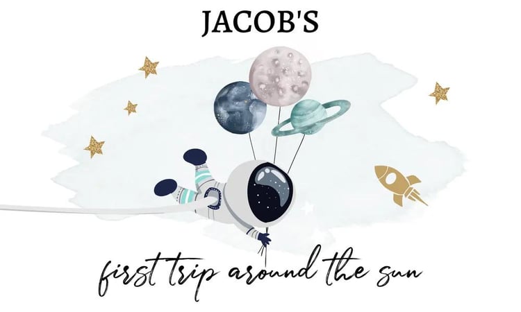 Outer Space First Trip Around the Sun Backdrop Banner Canva Template