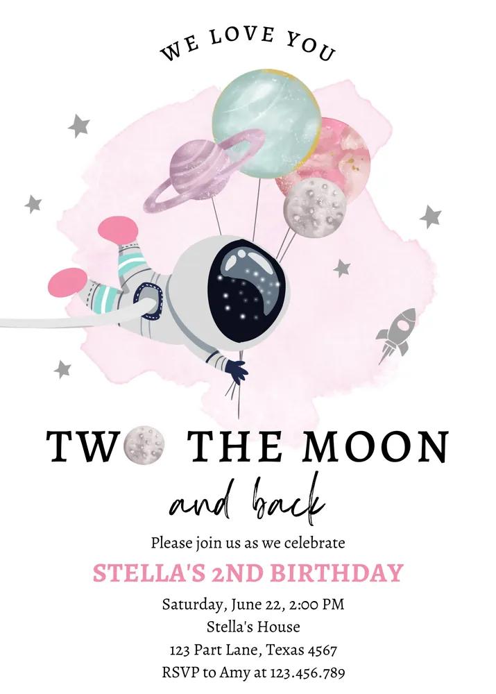 Two the Moon 2nd Birthday Invitation | Girl Astronaut Canva Template