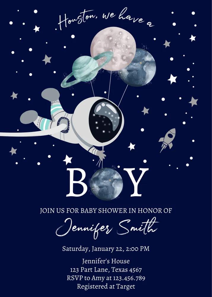 Astronaut Baby Shower Invitation Canva Template Galaxy Boy Moon Space Invite