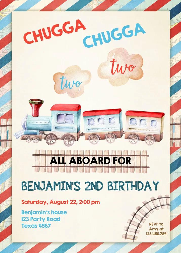Chugga Chugga Two Two Train Birthday Invitation, Editable Canva Template