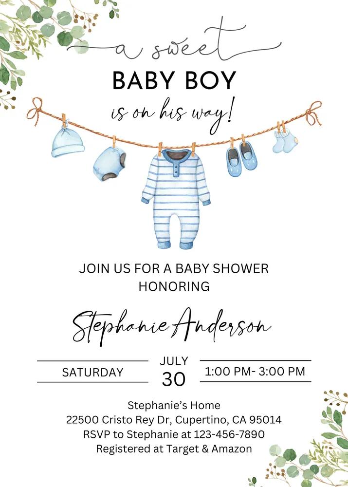 Boy Baby Shower Invitation Canva Template, Blue Greenery Laundry Clothes Invite