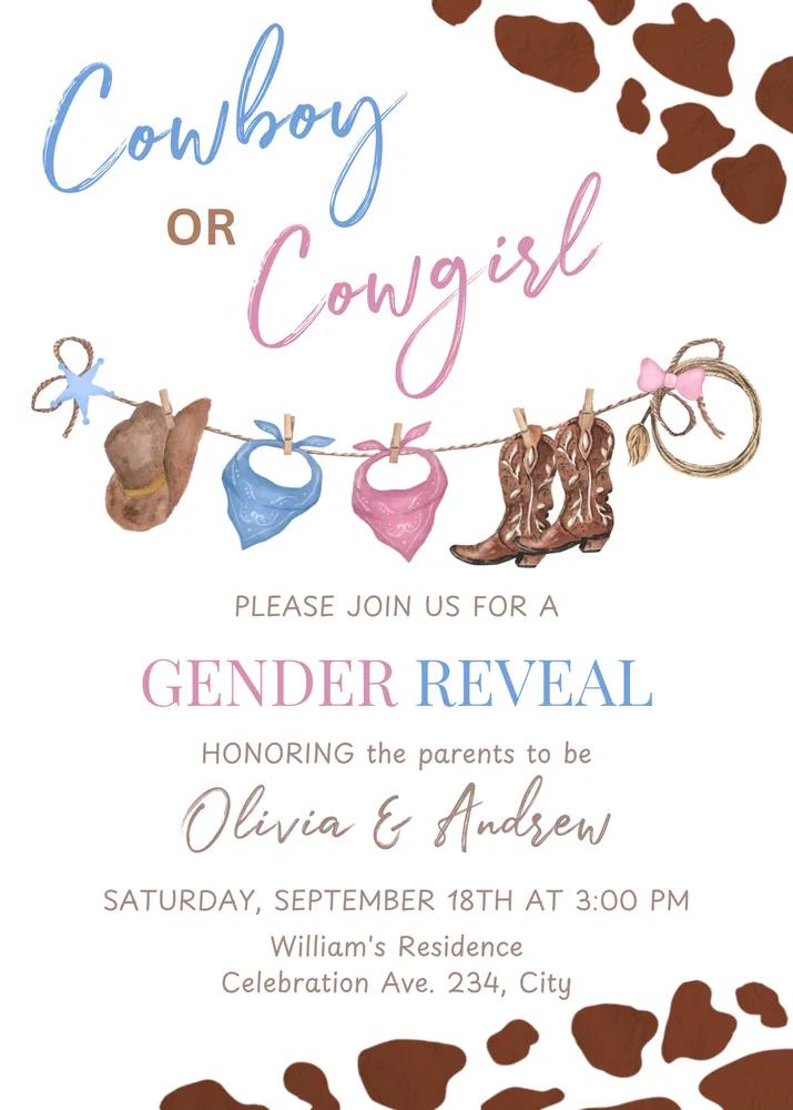 Cowboy or Cowgirl Gender Reveal Invitation Canva Template - Western Theme