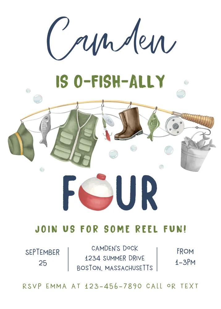 Fishing 4th Birthday Invitation O-Fish-Ally Four Editable Canva Template