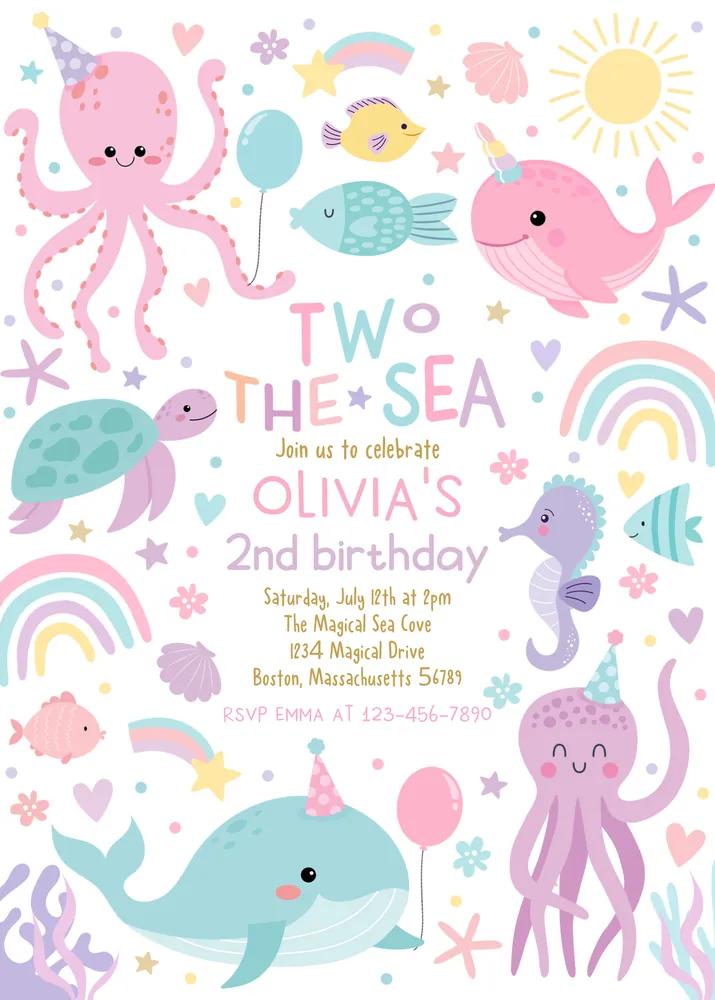 Two The Sea 2nd Birthday Invitation | Editable Canva Template Sea Creatures