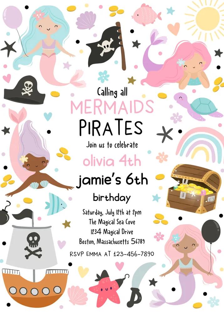 Mermaid and Pirate Sibling Birthday Invitation | Canva Editable Template