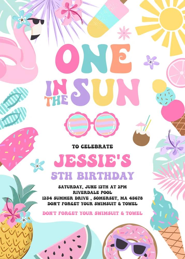 One in the Sun 1st Birthday Invitation | Tropical Summer Pool Party Canva