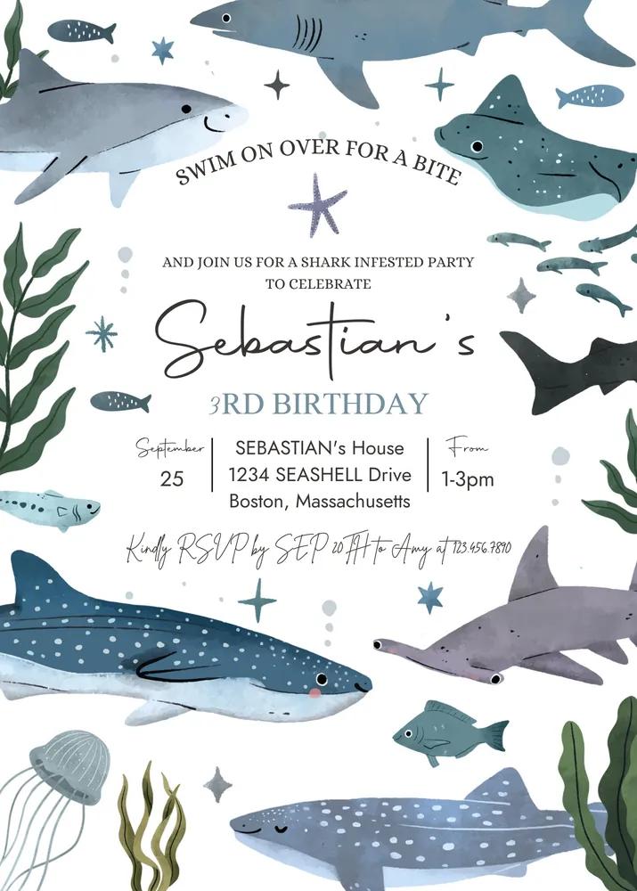 Shark Birthday Invitation Canva Template, Under the Sea 1st Birthday Invite