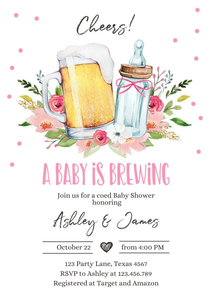 Baby is Brewing Invitation - Pink Beers & Bottles Coed Shower Canva Template