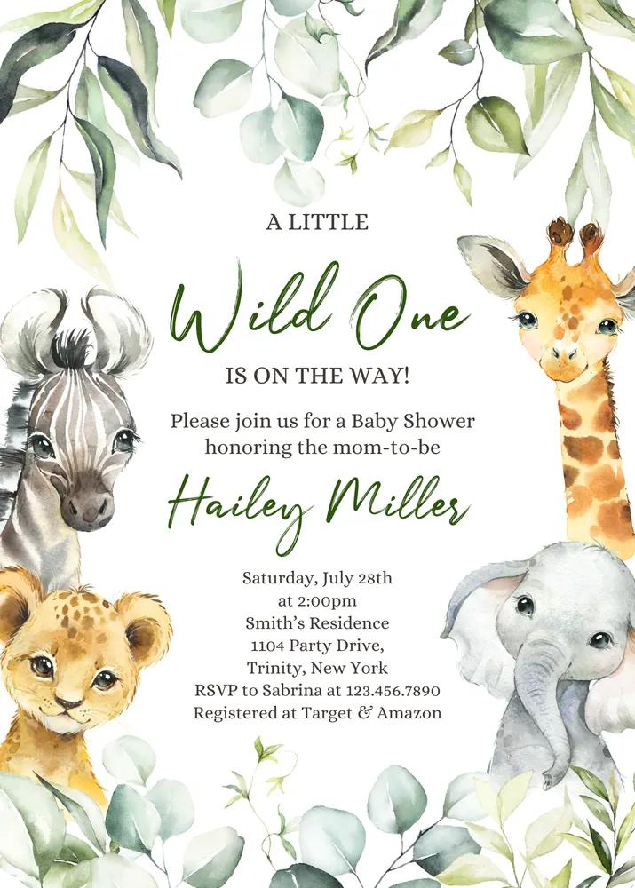 Wild One Safari Baby Shower Invitation Template | Editable Canva Jungle Invite