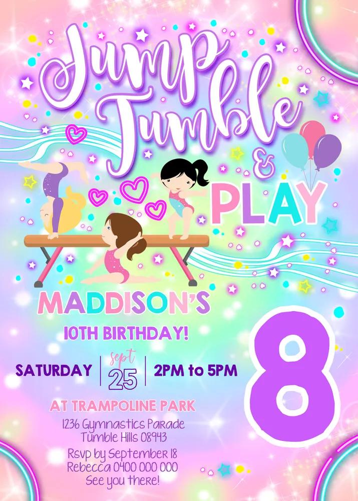 Neon Gymnastics Birthday Invitation | Editable Canva Template Instant Download