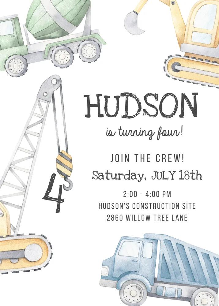 Modern Construction Birthday Invitation Canva Template - Muted Blue & Green