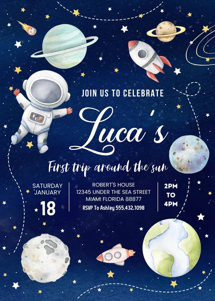 First Trip Around the Sun Birthday Invitation Canva Template Space 1st Birthday
