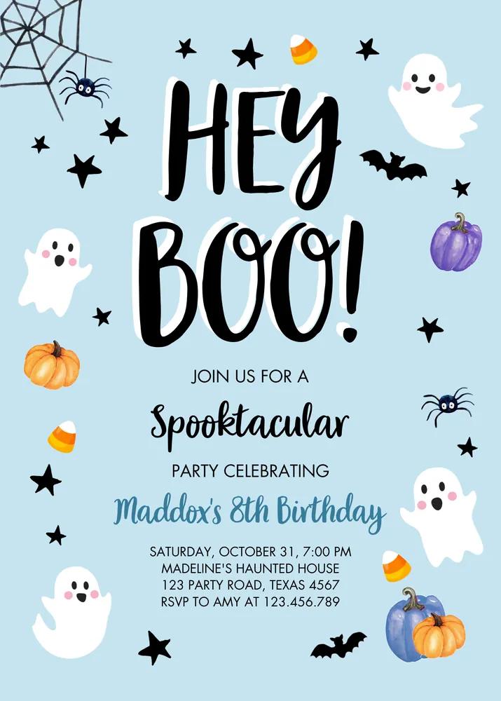 Blue Boy Ghost Halloween Birthday Invitation Canva Template Spooktacular Party