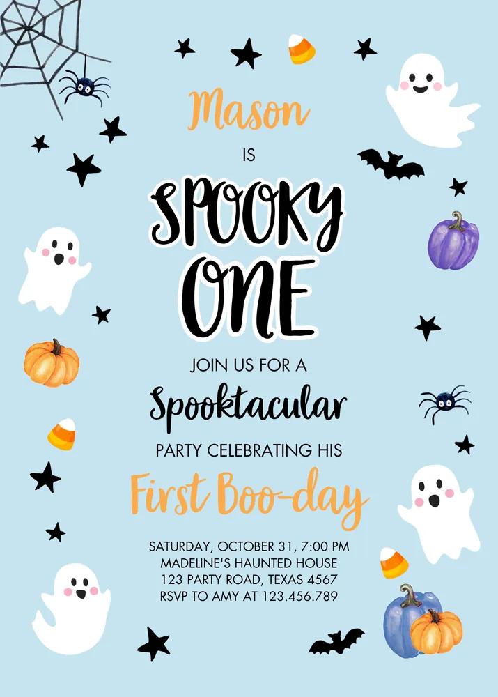 Blue Boy Ghost Halloween 1st Birthday Invitation Canva Template Spooky One