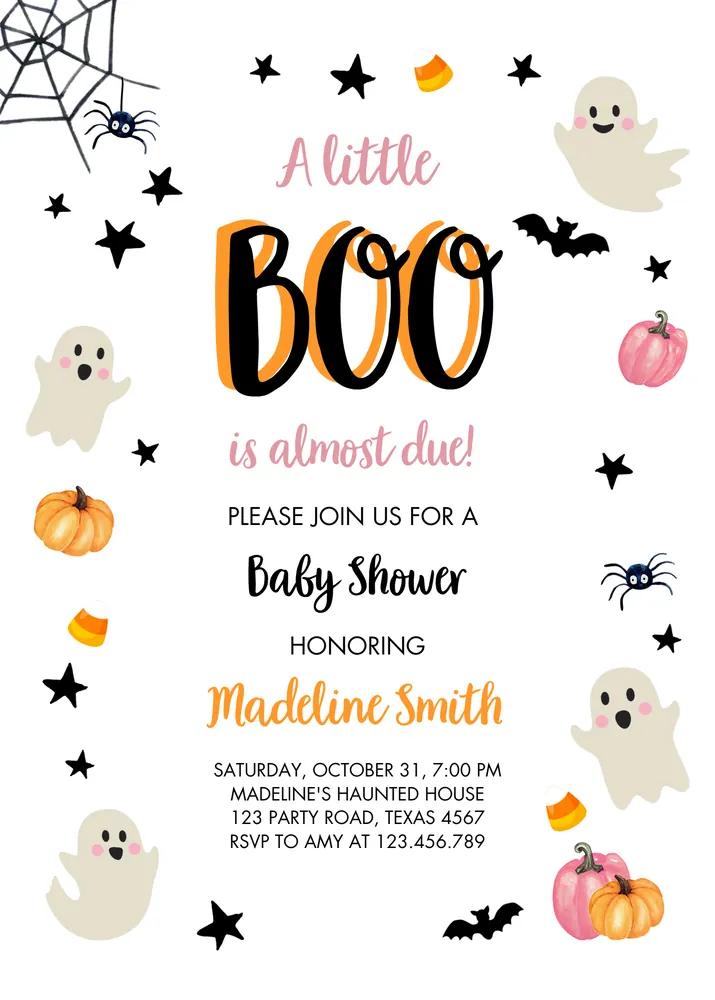 Little Boo Baby Shower Invitation Pink Ghost Girl Halloween Canva Template