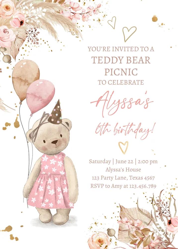 Teddy Bear Picnic Birthday Invitation Girl Pink Boho Editable Canva Template