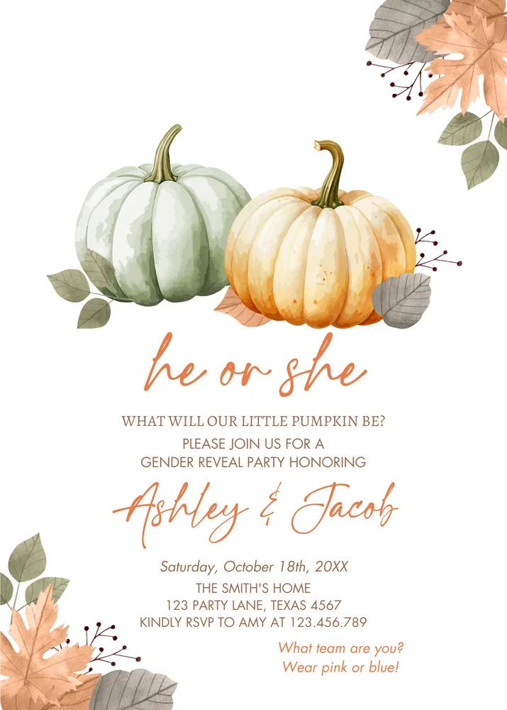 Pumpkin Gender Reveal Invitation Canva Template | He or She Little Pumpkin